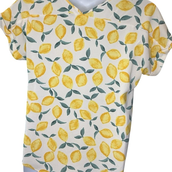 Pink Rose Lemon Print Blouse V-Neck Cuffed Sleeve Yellow Tunic Top Large L - Picture 7 of 9